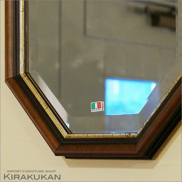 イタリア製 八角ミラー 壁掛け 鏡 ブラウン＆ゴールド 八角鏡
