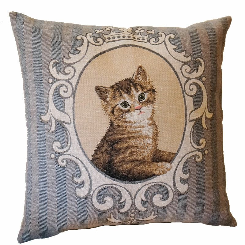 輸入クッション キャット 猫 ストライプ 48x48（ベルギー製）パンヤ付