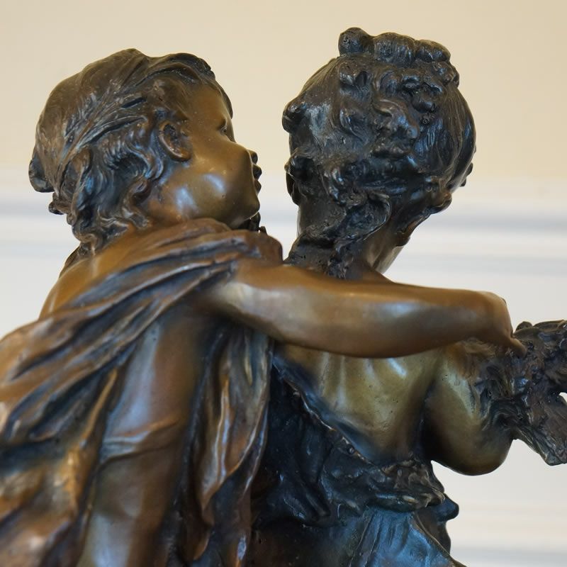 アンティーク ブロンズ像 置物 Auguste Moreau オーギュスト モロー作「少年と少女」オブジェ 大理石 ビンテージ