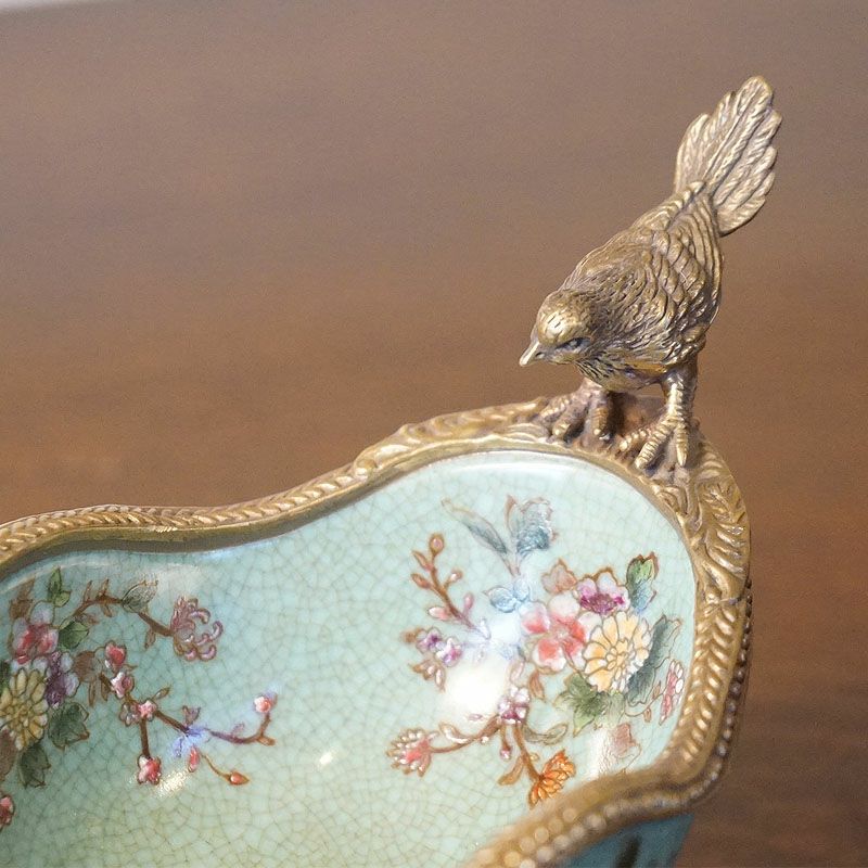 陶器製花瓶と鳥のオブジェ 花瓶 陶器 小物入れ 小鳥2羽 コンポート おしゃれ 置物 飾り皿