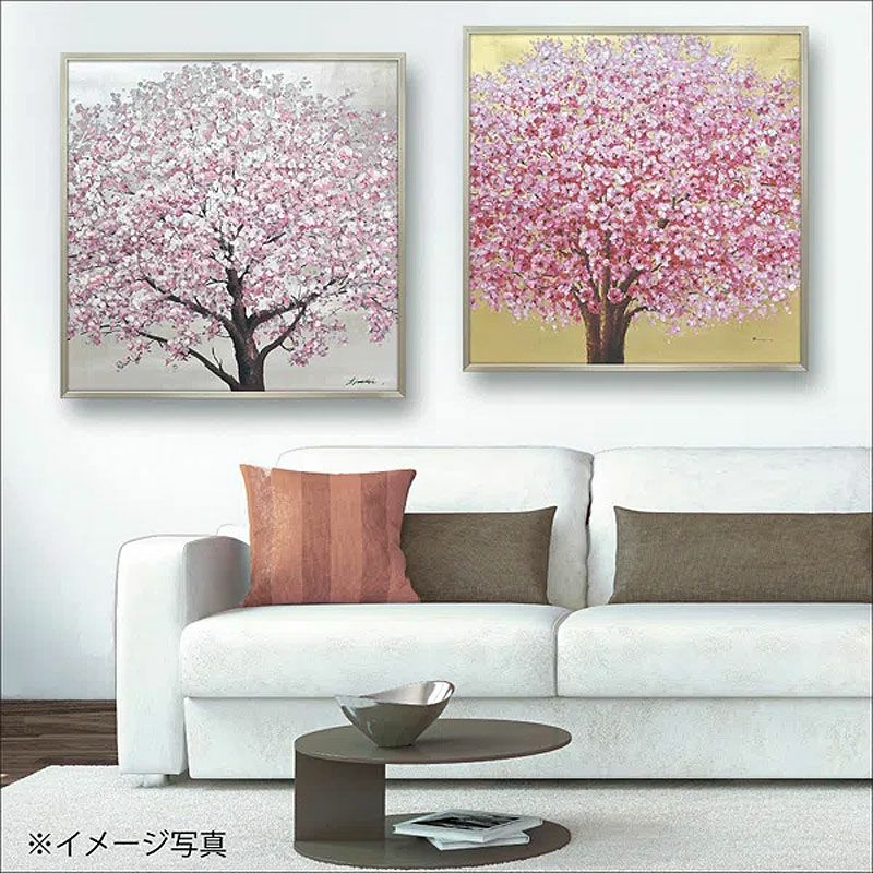 絵画 インテリア オイルペイントアート「シルバー サクラ」 83cm角 銀桜 絵画 インテリア 壁掛け 絵画 額入り